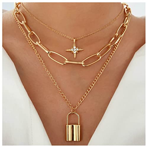 Dervivea Boho Geschichtet Schloss Halsketten Gold Stern Kristall Halskette Büroklammer Kette Halskette Vorhängeschloss Anhänger Halskette Schmuck Für Frauen Und Mädchen