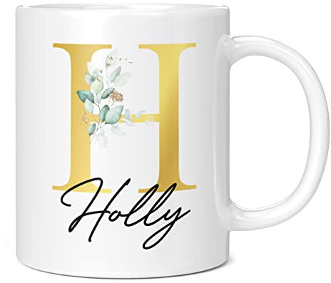 Personalised Letter H Floral Mug Initial with Name, Customised Gift, Gold Effect Printed Letter, NOT Metallic - Ceramic Coffee Cup for Men or Women, Extra Large and Giant Mug, 11oz White Cup