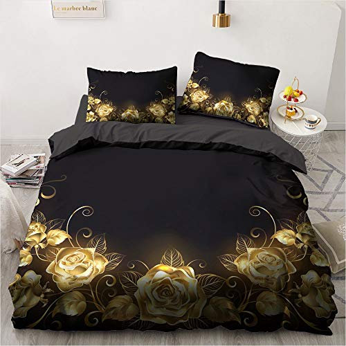 Luowei Rosen Bettwäsche 135x200cm 4 Teilig Gold Rosen Blumen Bettbezug Romantische Floral Microfaser Deckenbezug mit Reißverschluss und 2 Kissenbezüge 80 x 80 cm