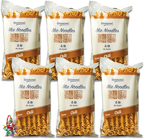 yoaxia ® - 6er Pack - [ 6x 250g ] Mie Noodles mit Chilipulver/Chili Mie Nudeln ohne Ei/Wok Nudeln + ein kleiner Glücksanhänger gratis