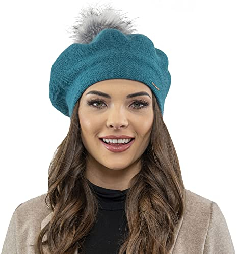 Vivisence Winter Baskenmütze Mit Bommel Für Damen Klassischem Herbst Frauen Mütze Schnitt Warmem Garn Mit Wollezusatz Eleganter Wintermütze Ideal Für Kalte Wintertage Modell 7035, Türkis,Einheitsgröße