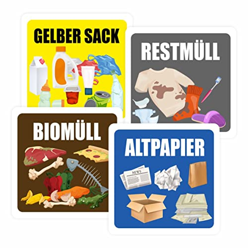 Aufkleber für Abfall- und Mülltrennung Aufkleber 20x20cm - UV-Beständig und Wetterfest - Restmüll, Gelber Sack, Biomüll, Altpapier (4er Set Aufkleber)