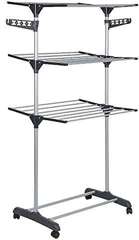 homewell Beweglich Wäscheständer Turm 3 Ebenen mit 2 klappbarer Seitenflügel Klappbar Wäschetrockner (Grau)