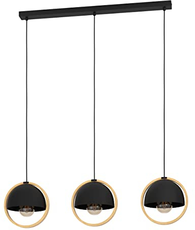 EGLO Hängelampe Callow, Esstisch Pendelleuchte 3-flammig, Esszimmerlampe aus Metall in Schwarz und Holz in Natur, FSCM70HB, Hängeleuchte mit E27 Fassung