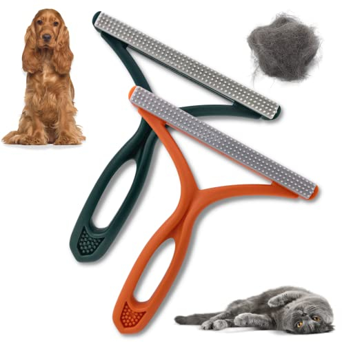 PawsOnly | Pet Hair Remover for Carpet, Furniture, Car, Sofa, Stairs, Clothes | Dog & Cat Fur Scraper Tool | Double Sided Plastic Brush | Reusable & Portable | Handheld Fluff Rake (Orange + Green)