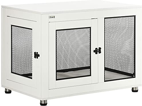 PawHut Jaula para Perros Grandes Estilo Mueble Casa para Perros 94x60x71,5 cm Mesa Auxiliar con 2 Puertas de Pestillo Cojín de Tela Oxford y Rejillas de Acero Blanco