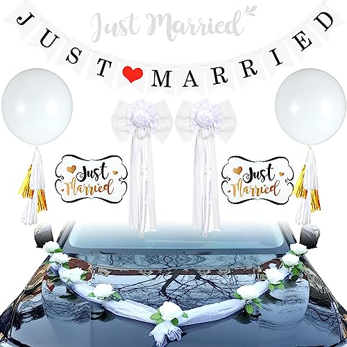 9 Stück Just Married Auto Dekorationen Hochzeit Auto Dekorationen Just Married Auto Magnete Hochzeit Banner Abziehbilder Hochzeit Auto Front Blume Perle Knospe Seidenband Blume Weiß Luftballons