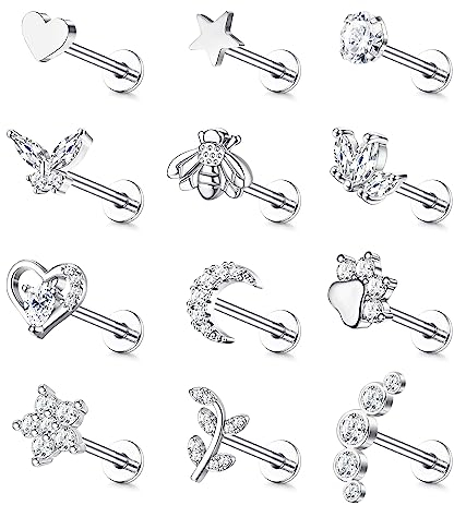 JewBella 12 Stück 16G Knorpel Helix Ohrringe für Damen Herren Chirurgenstahl Innengewinde CZ Mond Herz Stern Blatt Labret Medusa Nasenstecker Conch Tragus Helix Piercing Silber/Gold
