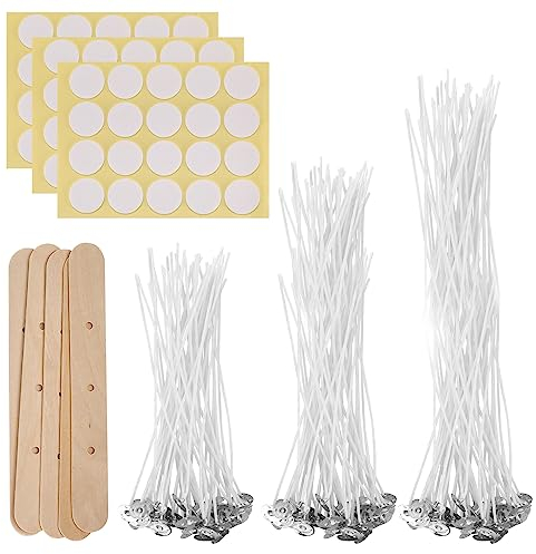 Kerzendochte Set, 150 STK Kerzendochte für Kerzen Selber Machen Set, 10cm/15cm/20cm Natürlichen Kerzendochten mit Dochthalter Holz und Doppelseitige Docht Aufkleber, für Kerzenherstellung