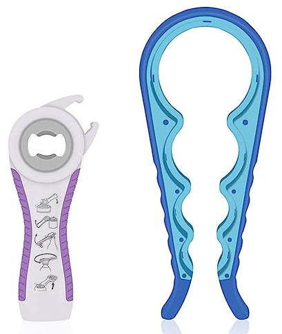 CUHZA Ouvre-Bocal, 2pcs ouvre-bocaux multifonctions 5 en 1, simple à utiliser pour les enfants, les personnes âgées et les personnes souffrant d'arthrite(bleu et violet)