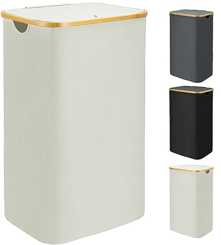 Bellzacasa Wäschekorb mit Deckel, 110L groß Wäschebox mit Bambus Henkel und Herausnehmbaren Wäschesack Laundry Basket with Lid, Faltbarer Wäschekörbe Waschekorbsammler mit Deckel (Beige)