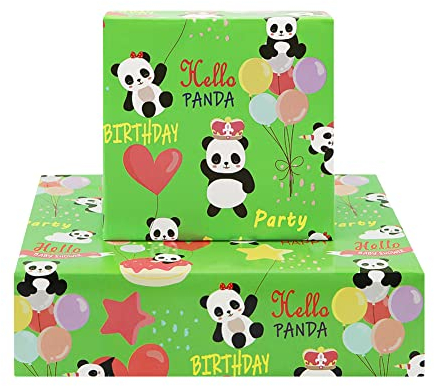 Happy Birthday Panda-Geschenkpapier für Kinder, Mädchen und Jungen, Geschenkpapier für Babyparty, grünes Geschenkpapier „Happy Birthday“ für Panda-Party, Babyparty, 6 Blatt 50 x 70 cm pro Blatt