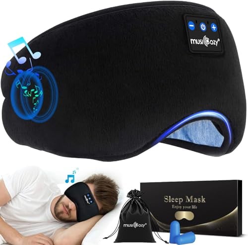 Schlafkopfhörer Bluetooth-Augenmaske für Seitenschläfer, Musicozy Schlafmasken-Kopfhörer mit integriertem Mikrofon und Lautsprechern, weiche Schlafhilfemaske für Reisen/Nickerchen (Tief)