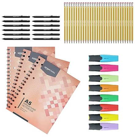 Amazon Basics – Schulstart-Set: Stifte, Bleistifte, Notizblock und Textmarker – 53 Teile, Mehrfarbig