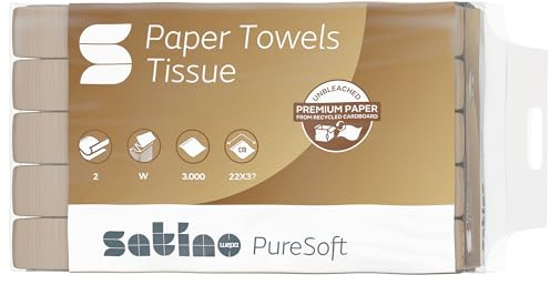 Satino PureSoft W-Falz Handtuchpapier – 22 x 32 cm – extra soft und reißfest – für Spender – 25 x 120 = 3000 Blatt – 2-lagig – Made in Germany – 100% Recycling-Papier – Büro, Bad, Industrie, Gastro