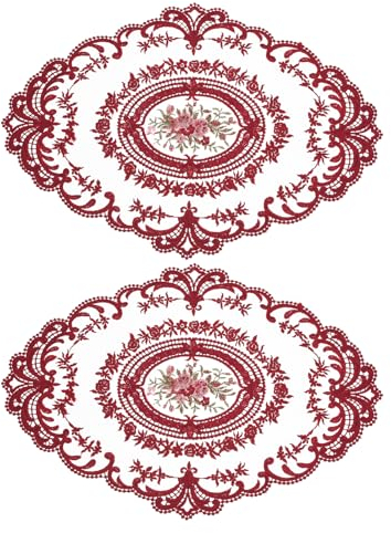 sourcing map 2 Stück Retro Spitze Platzdeckchen 30,5 x 40,6 cm Oval bestickt Tischsets Französisch Häkeldeckchen Untersetzer Cup Mat für Zuhause Hochzeit Rot