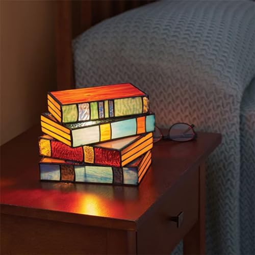 LUCKKY Stained Glass Stacked Books Lamp, Bunte Tischlampe aus Harz, Handgefertigte Buntglas Gestapelt Buchlampen, LED Buchlampen, gestapelte Bücher Glaslampe, Leseecke Beleuchtung Vintage Tischlampe