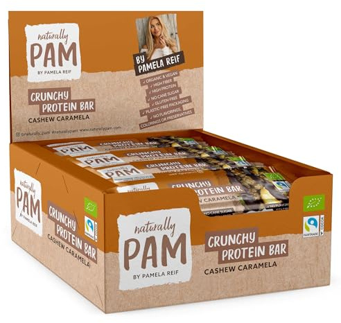 Naturally Pam Crunchy Protein Bar, Cashew Caramela, 12 x 30 g, Bio & vegan | High Protein Eiweißriegel Snack, knusprig, ohne Palmöl, natürliche Zutaten, glutenfrei, von Pamela Reif