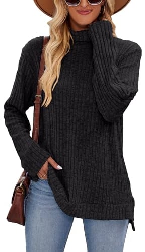 Famulily Black Tunic Jumper Tops for Women Wear with Leggings, Ribbed Knit Loose Fit Turtleneck Fall Sweaters (L, Black)