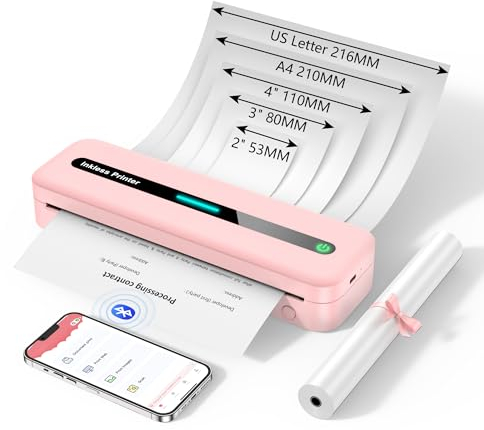 ASprink Imprimante Mobile, M832 Imprimante Thermique Bluetooth pour A4 / 110 mm / 80 mm / 53 mm/US - Papier Thermique - Petite imprimante compacte pour Android et iOS - Rose