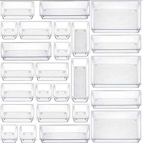 DUOJIN 25 Pcs Kitchen Drawer Organiser Clear Drawer Organiser Box 4 Size Desk Drawer Dividers Plastic Storage Trays for Makeup Bedroom Office Vanity Desk Stationary (Style A)