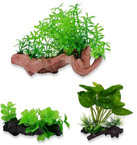 Fish Tank Decorations, Podazz Aquarium Tree Plant Decoration, Fish Tank Plastic Artificial Plant Aquarium Ornament Plants Set 3 Pieces (Green), Deadwood Soft Leaf Set for Fish Goldfish Waterscape Tank