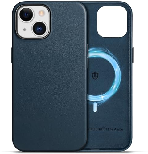 SHIELDON Echtleder Hülle für iPhone 15 Handyhülle [Kabellos Aufladen] [Anti-Fingerabdruck] [Stark Magnetkraft] Ultra Dünn Schutzhülle Cover Kompatibel mit iPhone 15 5G 6,1 Marineblau