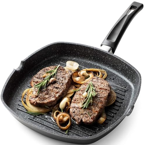 Shally Dogan Grillpfanne Antihaft-Küchenplatte, 24 cm, induktionsgeeignet, Soft-Touch-Griff, aus Aluminiumguss, rechteckiger Grill (24 cm)