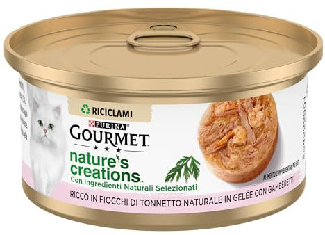 GOURMET NATURE'S CREATIONS Cibo Umido per Gatti Adulti Fiocchi di Tonnetto Naturale e Gamberetti in Gelée 24 lattine da 70g