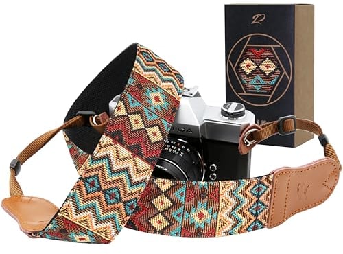 Padwa Lifestyle Camera Strap - 2 Cowhide Head Camera Straps for Photographers,Vintage Jacquard Embroidery Woven Cotton Adjustable Shoulder Neck Straps for Cameras,Binoculars(Cool Ethnic Style Brown)