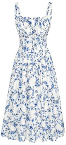 SCARLET DARKNESS Viktorianische Damen Corsagenkleid Hohe Taille mit Taschen Floral Dress Weiß-Dunkelblau Blumen S