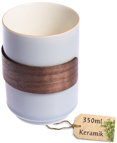 Kicura - Tasse en céramique sans anse avec support en bambou - Tasse à thé - 350 ml - Empilable - Pour café, thé et autres boissons chaudes - Design - Cadeau pour la famille, les amis, la grand-mère