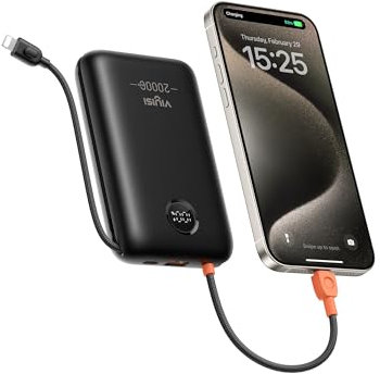 VIYISI Power Bank 20000mAh 30W Ricarica Ultra Veloce | USB C Power bank con Cavo Integrato | Batteria Portatile Compatta Compatibile con iPhone 16/15/14/13/12 Galaxy S24 S23 S22 Fold 5 (Nero)