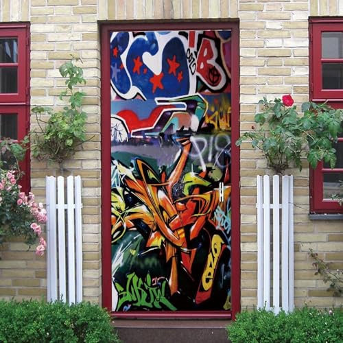 3D-Tür-Tapete Bunte Graffiti Selbstklebende Türsticker Poster Wandbilder Kunst Wandsticker Foto 77 X 200 Cm Pvc Abnehmbare Tür Dekoration Für Wohnzimmer Schlafzimmer Bad Küche Büro 0