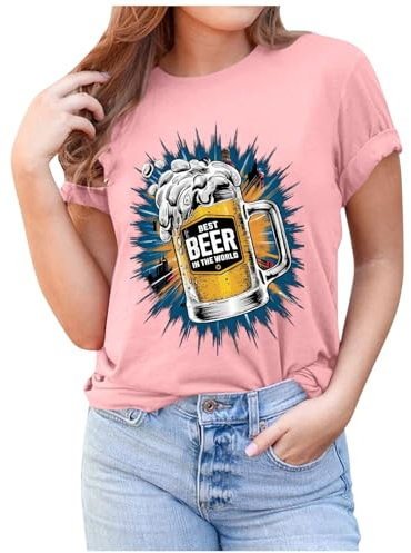 HUIFUAO Oktoberfest T-shirts pour femmes Oktoberfest pour femme bière manches courtes chemises basiques d'été décontractées drôles hauts Oktoberfest femmes, rose, L
