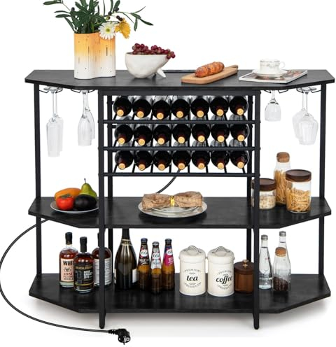 GIANTEX Credenza con portabottiglie per 21 bottiglie, tavolino da cucina sottile con 2 porte USB e 2 prese, portabottiglie a 3 livelli con supporto in vetro, tavolo industriale per vino, 120 x 40 x 92