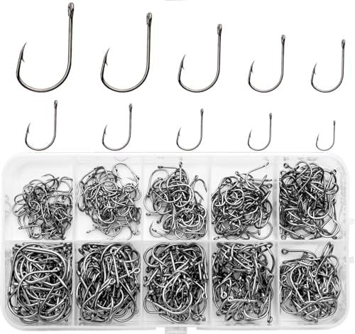 500PCS Fishing Hooks with Plastic Box set Carbon Steel Barbed Fishing Hooks Eyed Sea Fish Hooks Barb Weedless for Saltwater Freshwater Fishing Accessories 10 Size 3 4 5 6 7 8 9 10 11 12