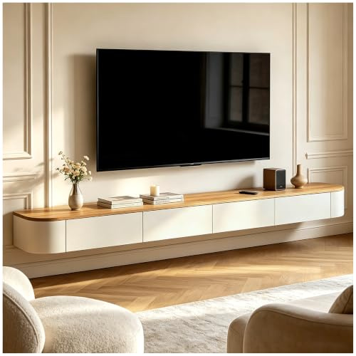 Solid Wood Entertainment Center With Large Storage & Shelves Wall Mounted TV Storage Cabinet With Door Modern Floating TV Unit With Drawer Sleek TV Cabinet For Apartments(Natural,240cm)
