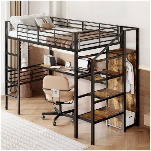 Racxily Letto a castello con scrivania e armadio a giorno,letto in ferro con scala a gradini per il deposito,letto una piazza e mezza 90x200cm,letto a soppalco per bambini, adolescenti e adulti,nero