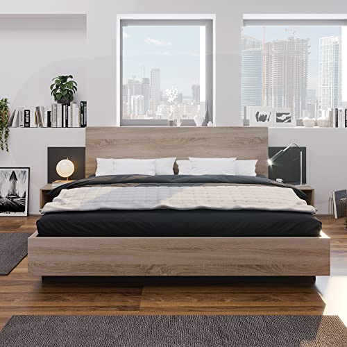MSMOK Letto matrimoniale in legno, 160 x 200 cm, con 2 comodini, moderno, camera da letto, completo, 205,5 x 235 x 76,5 cm (larghezza x profondità x altezza), set in rovere
