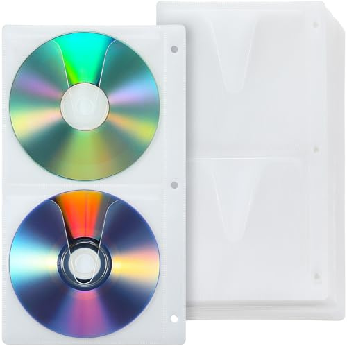 Chuangdi 50 Pieces 4 Disc DVD Poly Sleeves 3 Rings Cd Sleeves Binder Pages 200 Disc Capacity for Binders Only