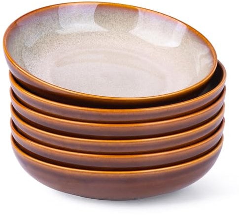 LeRatio Steingut Suppenteller 22cm, Tiefe Teller Set Für 6 Pers. Kratzfeste Pasta Teller Tief Groß Für Spülmaschine, Mikrowelle, Cappuccino