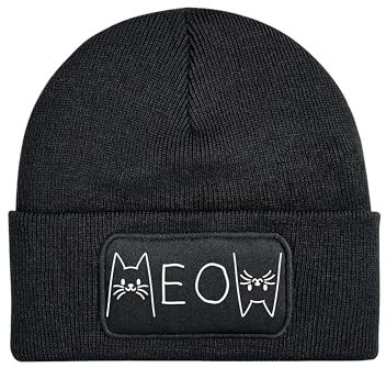 NIMAMA Kinder Mütze Beanie Meow Katze Wintermütze Statement Spruch Print Geschenk Unisex Strickmütze für Jungen und Mädchen - Schwarz