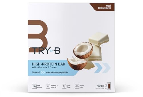 TRY‑B White Chocolate Coconut – Mahlzeitenersatzriegel +25 Vitamine & Mineralstoffe, protein- & fastenkonform – 3 Riegel pro Box | Unterstützt Gewichtsmanagement & bewusste Ernährung
