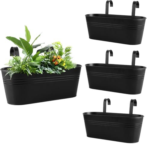 DAJAVE 3 Pcs 40cm Balcony Planters for Railing Over Fence Planters, Metal Hanging Planter Outdoor Hanging Flower Pots Plant Pot with Hook Large Hang Planter for Garden Fence Balcony Decor
