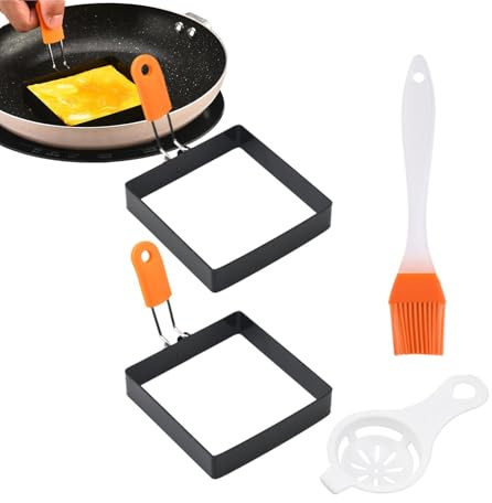 YNPQTDS Molde cuadrado para huevos, molde para huevos Mokas cuadrado, 10 x 10 cm, acero inoxidable, anillo de huevo frito, negro, moldeadores de panqueques con mango de silicona, para sándwich de