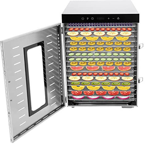 Dörrautomat Edelstahl 16-Dörrfläche Doppelventilator Dörrgerät Temperatur einstellbar 30-90℃ mit LED-Display und Überhitzungsschutz für Fleisch Obst Gemüse