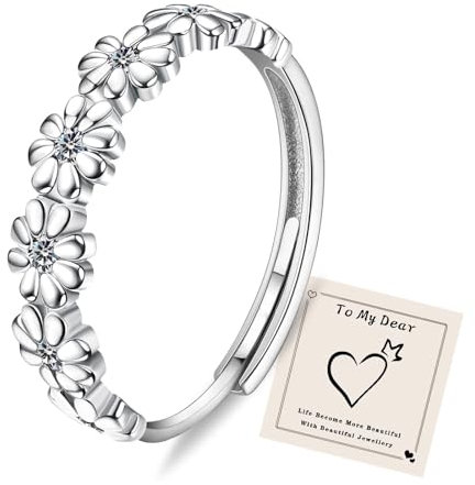 HEEYA Ringe Silber für Damen Gänseblümchen Ring Blumen Silberring Stapeln Daumenring Verstellbarer mit 5A Silber Cubic Zirkonia Fingerring für Mädchen Frauen Schmuck Geschenk
