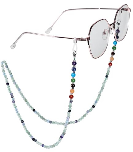 mookaitdecor 7 Chakra Edelstein Perlen Brillenkette für Damen, Heilsteine Kristall Sonnenbrillen Kette Gesichtsmaskenkette Einstellbare Anti Rutsch Brillenband, Flourit