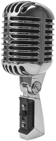 Vintage Microphone, Retro Old School Vocal Mic, Professional Classic Dynamic Wired Cardioid for Live Performance Karaoke Studio Recording Singing Stage, Fashioned Prop, XLR Cable Compatible, Silver